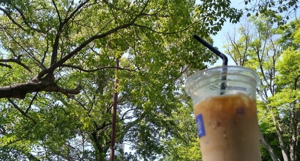 公園の木陰 テイクアウトのアイスコーヒーの画像