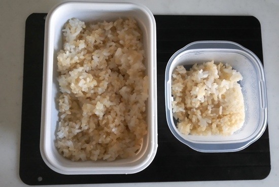炊き立てご飯が入ったタッパーを解凍プレートの上に載せて冷ましている画像