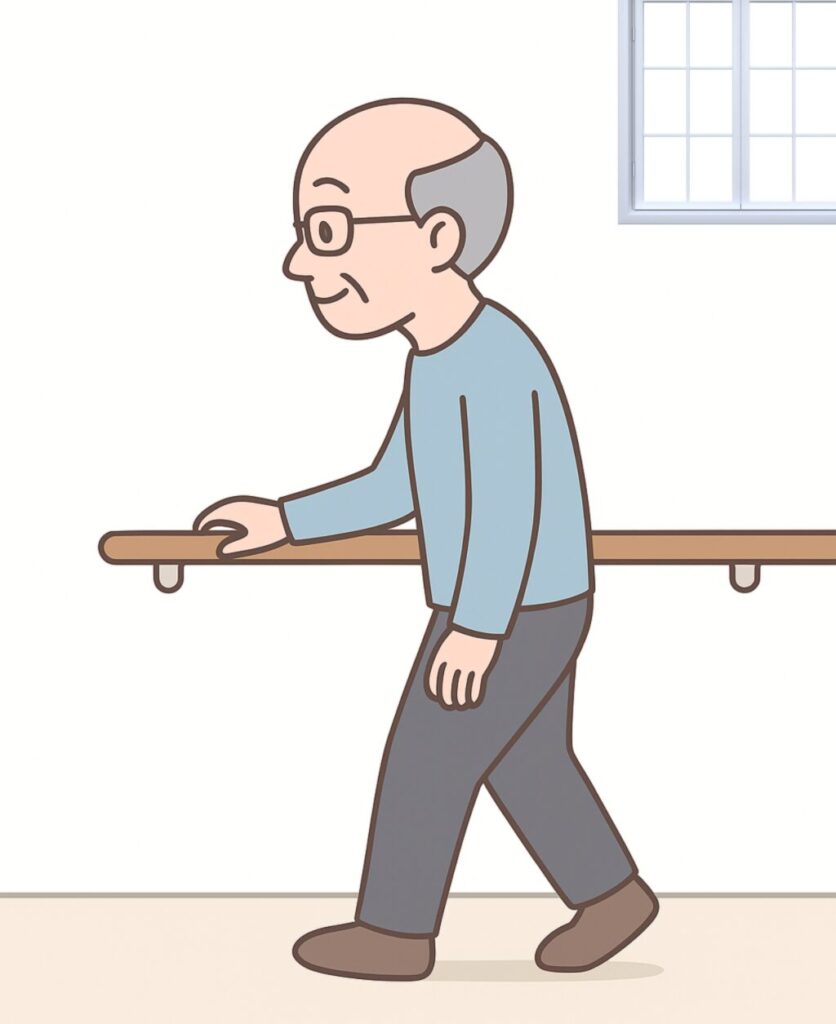 おじいちゃんが手すりをつたって廊下を歩くイラスト